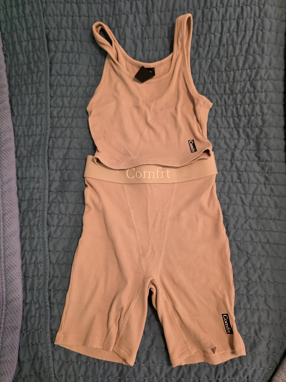 Comfrt Ribbed Tank & Biker Short Set in Blush